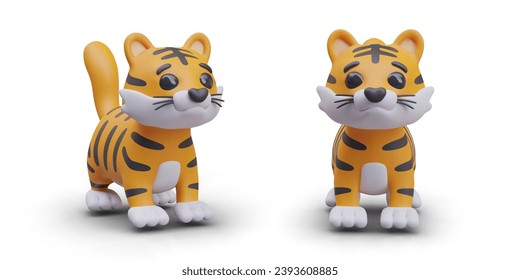 Realistic model of tiger in different positions. Zodiac sign concept. Toy of animal in orange colors for store. Vector illustration in 3d style on white background