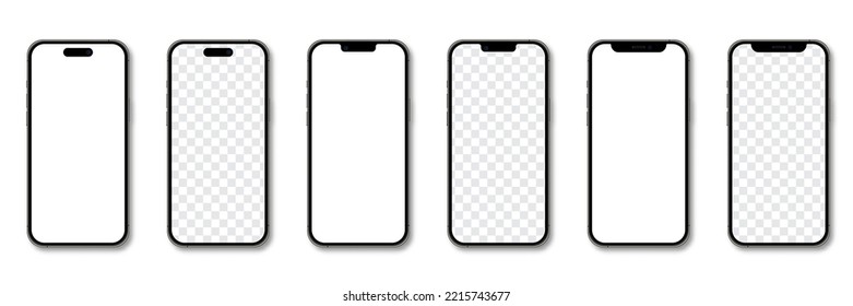 Realistic models smartphone. Smartphone mockup collection. Realistic trendy different models smartphone. Detailed mockup smartphone. Device front view. 3D mobile phone with shadow. Vector illustration