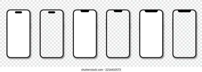 Modelos realistas de smartphone. Colección de simulación de smartphone. Teléfono inteligente de moda y real. Un smartphone detallado para burlarse. Vista frontal del dispositivo. Teléfono móvil 3D con sombra. Ilustración del vector