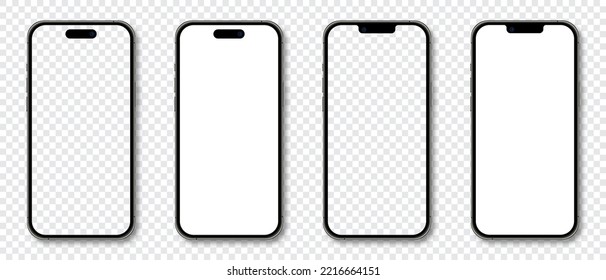 Realistic models smartphone. Smartphone mockup collection. Realistic trendy different models smartphone. Detailed mockup smartphone. Device front view. 3D mobile phone with shadow. Vector illustration