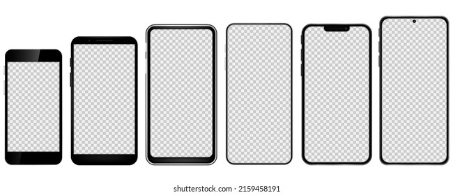 Realistic models smartphone with transparent screens. Smartphone mockup collection. Device front view. Vector illustration. Eps 10.