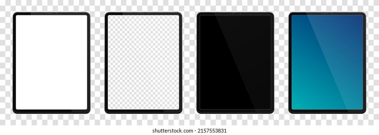 Realistic models tablet. Tablet mockup collection. Modern black tablet pc. Device front view. 3D tablet. Vector illustration