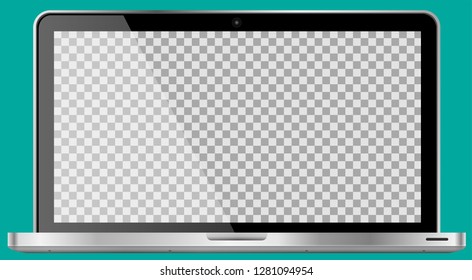 Realistic modern 4k laptop isolated on cyan background. Empty transparent screen template. Blank copy space on modern mobile computer. Vector illustration