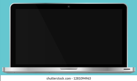 Realistic modern 4k laptop isolated on cyan background. Empty screen template. Blank copy space on modern mobile computer. Vector illustration