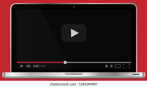 Realistic modern 4k laptop isolated on red background. Classic video player template on screen. Online video watching conecpt. Vector illustration