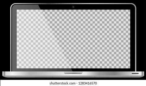 Realistic modern 4k laptop isolated on black background. Empty transparent screen template. Blank copy space on modern mobile computer. Vector illustration