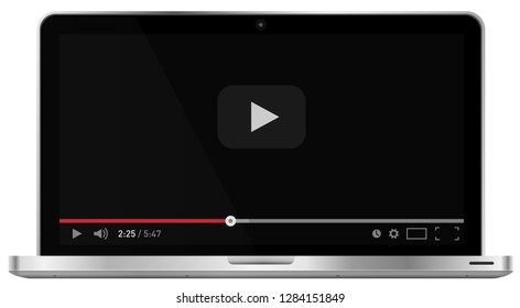 Realistic modern 4k laptop isolated on white background. Classic video player template on screen. Online video watching conecpt. Vector illustration