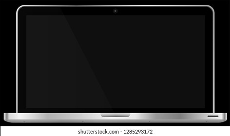 Realistic modern 4k laptop isolated on black background. Empty screen template. Blank copy space on modern mobile computer. Vector illustration