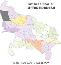 Realistic modern UP administrative and political map of State Uttar Pradesh in North India, with borders districts. Language in colours for Awadhi, Braj, kannauj, Bundeli and bagheli of UP college