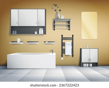 Realistic modern bathroom interior in minimalist style with bath cabinets mirror electric heated towel rails on yellow wall background vector illustration