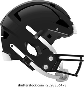 Realistic modern Black American Football helmet with black mask and chin strap. Side view