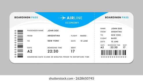 Realistic modern boarding pass design for Airline flight with detailed information. Blue airplane ticket design. Blank boarding pass template. Flight boarding pass from New York to Argentina