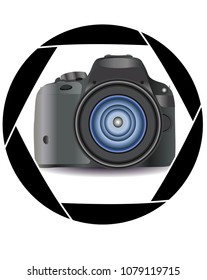 A realistic modern camera in the frame of the camera's diaphragm. Concept photography, vocations, photo business