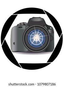 A realistic modern camera in the frame of the camera's diaphragm. Concept photography, vocations, photo business