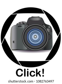 A realistic modern camera in the frame of the camera's diaphragm. Concept photography, vocations, photo business