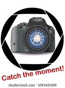 A realistic modern camera in the frame of the camera's diaphragm. Concept photography, vocations, photo business