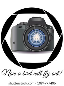 A realistic modern camera in the frame of the camera's diaphragm. Concept photography, vocations, photo business