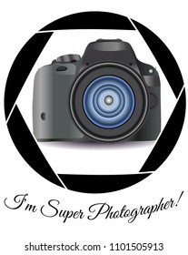 A realistic modern camera in the frame of the camera's diaphragm. Concept photography, vocations, photo business