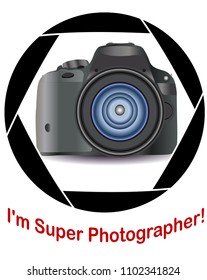 A realistic modern camera in the frame of the camera's diaphragm. Concept photography, vocations, photo business