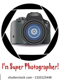 A realistic modern camera in the frame of the camera's diaphragm. Concept photography, vocations, photo business