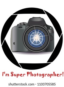 A realistic modern camera in the frame of the camera's diaphragm. Concept photography, vocations, photo business