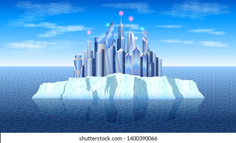 realistic a modern city, skyscrapers on the icy island, iceberg in a calm sea, against a blue sky with clouds. Seascape vector, illustration.