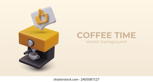 Cafetera moderna y realista con una taza de bebida. Concepto de tiempo de café. Equipamiento residencial para la cocina. Afiche con lugar para texto y fondo amarillo. Ilustración vectorial en estilo 3d