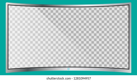 Realistic modern curved 4k TV monitor isolated on cyan background. Empty transparent screen template mockup. Blank copy space on PC screen. Vector illustration