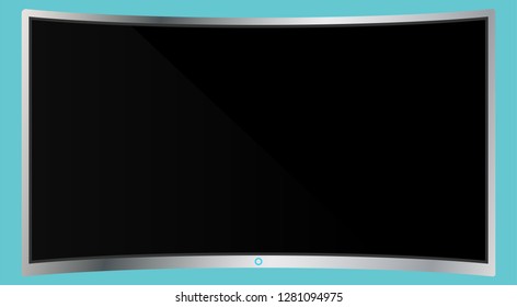 Realistic modern curved 4k TV monitor isolated on cyan background. Empty screen template mockup. Blank copy space on PC screen. Vector illustration