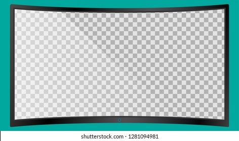 Realistic modern curved 4k TV monitor isolated on cyan background. Empty transparent screen template mockup. Blank copy space on PC screen. Vector illustration