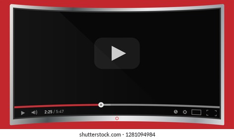 Realistic modern curved 4k TV monitor isolated on red background. Classic video player template on screen. Online video watching conecpt. Vector illustration