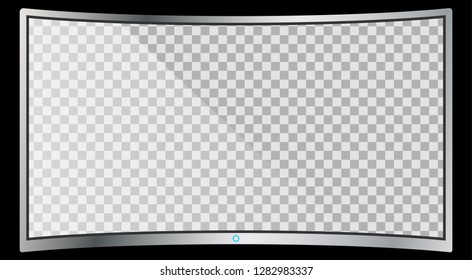 Realistic modern curved 4k TV monitor isolated on black background. Empty transparent screen template mockup. Blank copy space on PC screen. Vector illustration