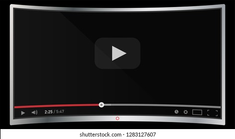 Realistic modern curved 4k TV monitor isolated on black background. Classic video player template on screen. Online video watching conecpt. Vector illustration