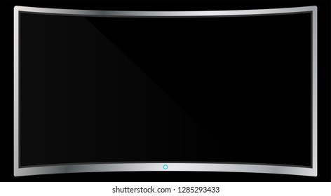 Realistic modern curved 4k TV monitor isolated on black background. Empty screen template mockup. Blank copy space on PC screen. Vector illustration