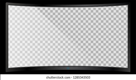 Realistic modern curved 4k TV monitor isolated on black background. Empty transparent screen template mockup. Blank copy space on PC screen. Vector illustration