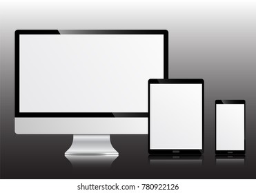Realistic modern device mockup isolated on white background. PC blank screen. Monitor with empty display. Copy space on device. smart phone and tablet computer template.