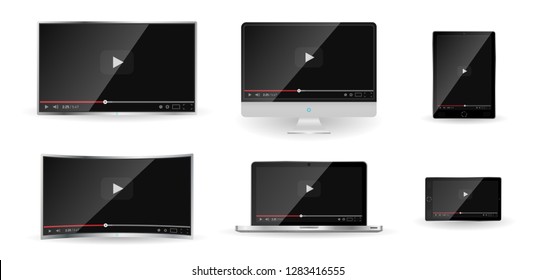 Realistic modern digital devices isolated on white background. PC, TV, smartphone, laptop, tablet. Classic video player template on screen. Online video watching conecpt. Vector illustration