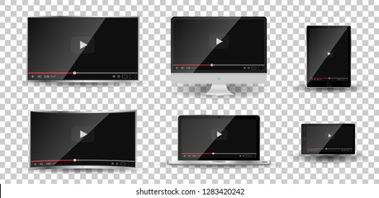 Realistic modern digital devices isolated on transparent background. PC, TV, smartphone, laptop, tablet. Classic video player template on screen. Online video watching conecpt. Vector illustration