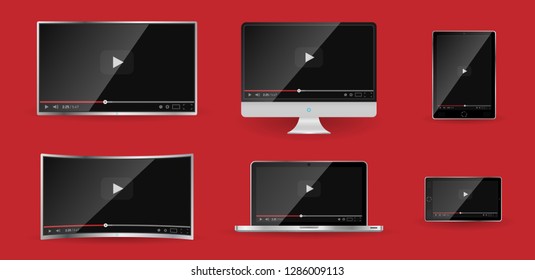 Realistic modern digital devices isolated on red background. PC, TV, smartphone, laptop, tablet. Classic video player template on screen. Online video watching conecpt. Vector illustration