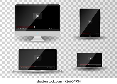 Realistic modern digital devices isolated on transparent background. Video player template. Vector illustration