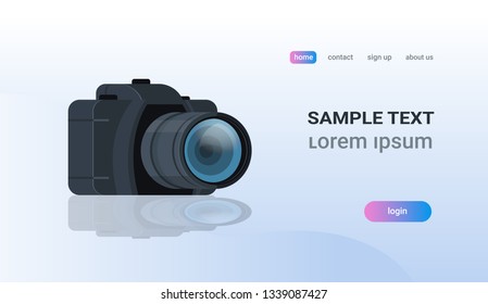 realistic modern DSLR photo camera copy space flat