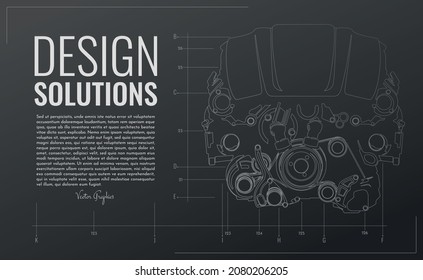 Motor moderno realista con líneas de contorno, ilustración vectorial.