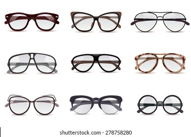 Realistic modern fashion eyeglasses assortment decorative icons set isolated vector illustration