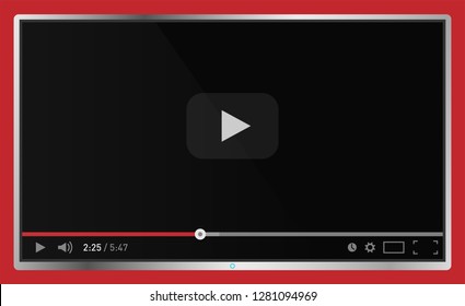 Realistic modern flat 4k TV monitor isolated on red background. Classic video player template on screen. Online video watching conecpt. Vector illustration