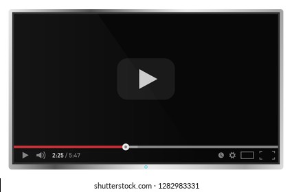 Realistic modern flat 4k TV monitor isolated on white background. Classic video player template on screen. Online video watching conecpt. Vector illustration