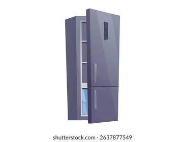 Realistic modern fridge with slightly open door. Vector cartoon isolated illustration of dark grey refrigerator showing interior depth, ideal for appliance ads, home kitchen concepts
