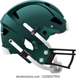 Realistic modern Green American Football helmet with black mask and chin strap. Side view