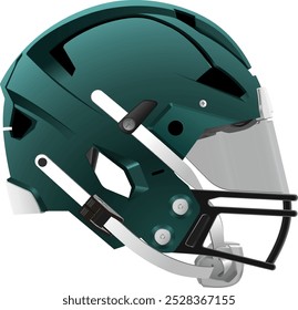 Realistic modern green American football helmet with safety glass, back mask and chin strap. Side view