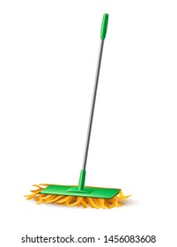 Realistic modern green mop with fibers for household chores, domestic cleaning design. Vector mopping tool for housework, cleanup. Sanitary broom for flooring.