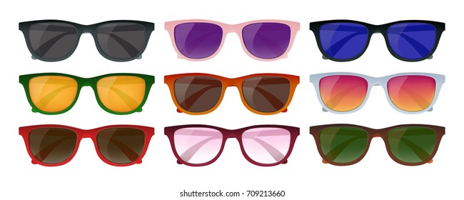 Realistic modern hipster sunglasses of different color set isolated on white background vector illustration